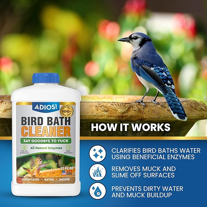 ADIOS! Bird Bath Cleaner for Outdoor Fountains and Bowls, Safely Cleans Metal, Glass and Stone (16oz)