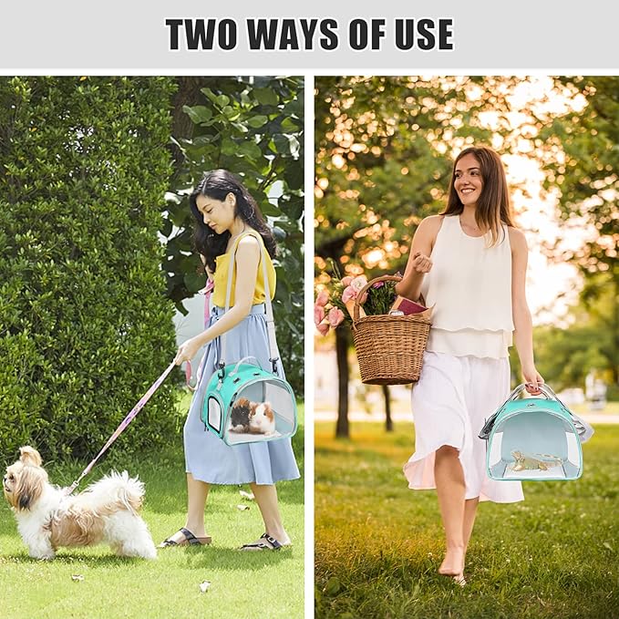 Small Animal Carrier Bag, Upgraded Portable Guinea Pig Carriers, Transparent Hamster Carrying Case, Reptile Rat Rabbit Bearded Dragon Hedgehog Carrier Bag for Travel, Hiking, Walking, Outdoor (Green)