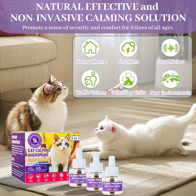 3 x 30 Day Cat Pheromones Calming Diffuser, Cat Calming Diffuser Refills for Stress, Pee Spraying, Aggression, Excessive Meowing & Scratching, 1 Diffuser & 3 Refills