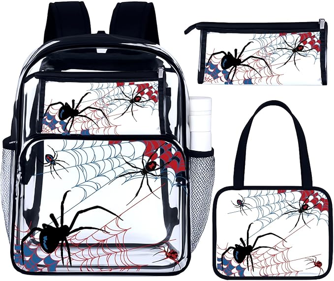 Kacctyen 3 Pcs Clear Backpack Heavy Duty Clear Stadium Bag Transparent Backpack with Lunch Bag(Black,Spider)