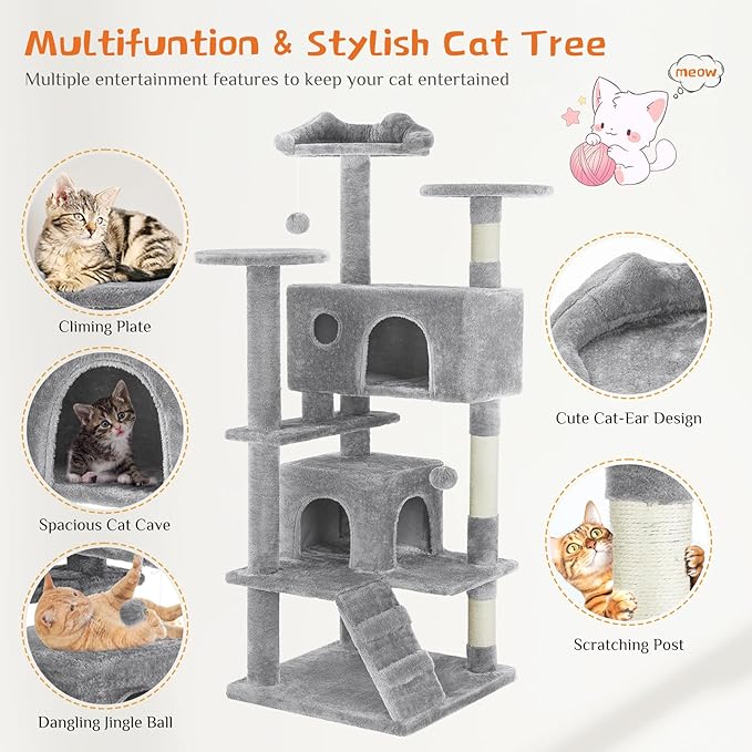 Sweetcrispy 54-Inch Cat Tree Tower – Multi-Level with Sisal Scratching Post, Perfect Pet Gift, Indoor Condo with Climbing Ladder, Plush Toy, and More Animal Stuff, Light Grey