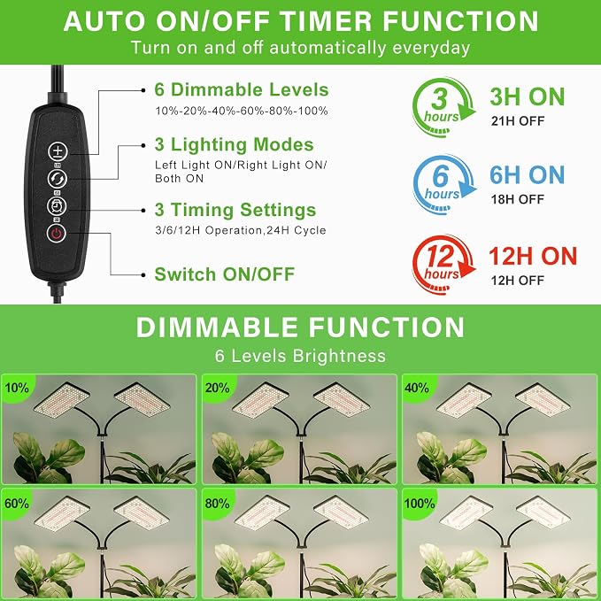 LBW Grow Lights for Indoor Plants, 428 LEDs Full Spectrum Plant Light | 2-Head Grow Lamp, 3/6/12H Timer, 6 Brightness Levels, 3 Switch Modes, 68" Height Adjustable Stand