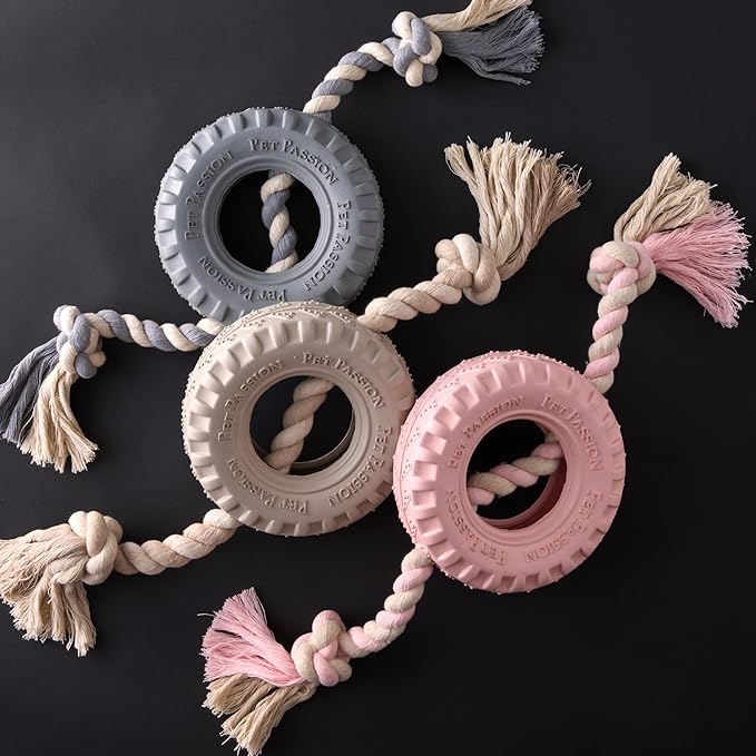 Pet Passion Natural Rubber Tire and Organic Cotton Rope Pull and Chew Dog Toy for All Pet Breeds, Almond Milk, Medium