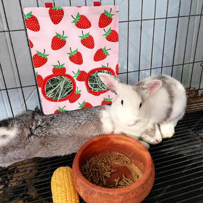 JarThenaAMCS 2Pcs Rabbit Hay Feeder Bag with 2 Holes Pink Strawberry Guinea Pig Hanging Hay Feeding Bag Storage Dispenser for Chinchilla Hamster Bunny Small Animal Pet