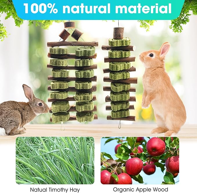WDEFUN Natural Apple Wood Clover Cake Teeth Grinding Toy String - Rabbit Snack Chewing Toy, Safe and Durable Pet Teeth Grinding Rod, Caring for Dental Health