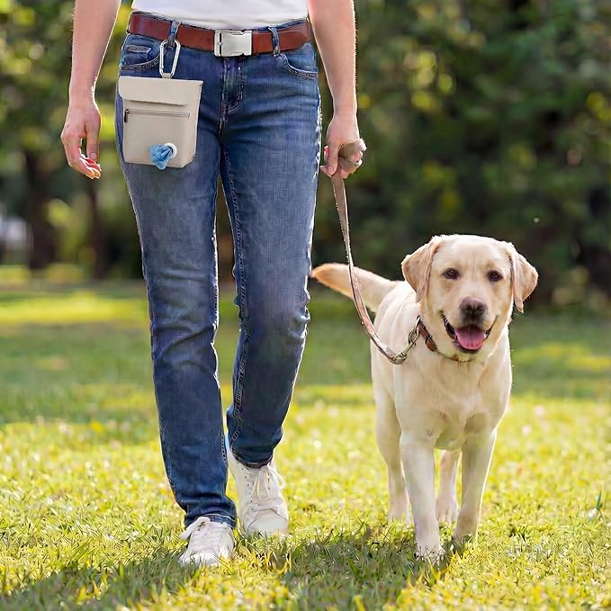 Dog Treat Pouch and Dog Training Clicker, Treat Bag with Poop Bag Dispenser, Powerful Magenetic Clasp, Metal Clip Waist Belt Fanny Pack for Pet Walk Dog Training (White)
