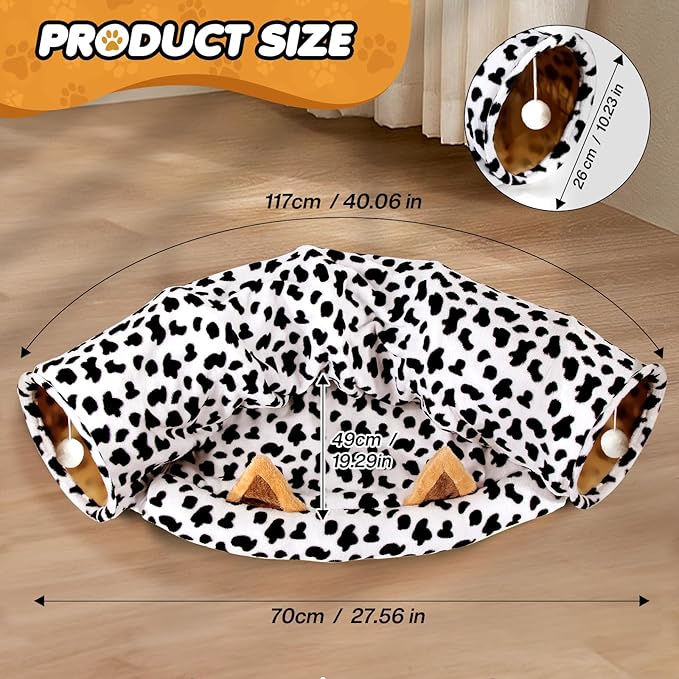 Spardar Bunny Tunnel Bed, 2-in-1 Collapsible Tunnel Tubes Toys, Washable, with Removable Mat Hideout, Interactive Toys for Rabbits Chinchilla Hedgehog Guinea Pigs Kitty, Cow