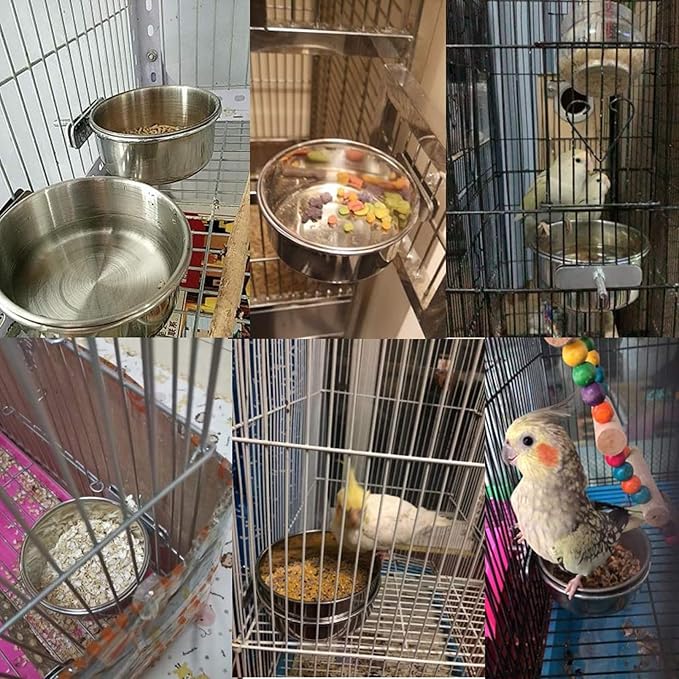 PINVNBY Stainless Steel Food Bowls for Birds,Bird Feeding Dish Cups Parrot Water Feeder Bowl with Clamp Holder Paw Grinding Perches for Budgies Parakeet Macaw Small Animal(5 Pack)