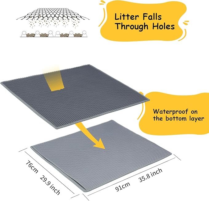 Cat Litter Mat, Litter Box Mat, Large Double Layer Waterproof Proof Trapping mat, Non-Slip Design, Kitty Litter Rug, Cat Supplies, Easy to Clean, 30x35.8 Inch, Grey, Pack of 1