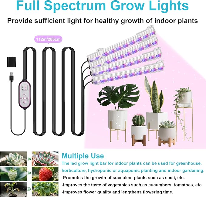 Hywyimlait 7.8'' Growing Lamp for Indoor Plants, Red & Blue & Yellow Full Spectrum, LED Grow Light Strips with 4/8/12H Timer,10 Dimmable Levels for Green House Succulent,4 Head