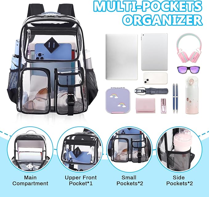 PIG PIG GIRL Clear Backpack for School,Heavy Duty PVC Transparent Bookbag for Girls Stadium Approved See Through Backpack
