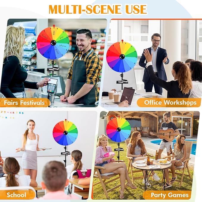 24 Inch Prize Wheel Spinner with Stand, Ajustable 34"-63" Height Heavy Duty Spinning Wheel for Prizes, Spin The Wheel Game with Stand for Tabletop or Floor, Suitable for Trade Show, Family, 14 Colors