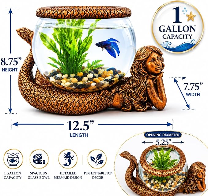 Mystical Mermaid Fish Bowl Décor – 1 Gallon Glass Aquarium, Terrarium & Candle Holder with Antiqued Bronze Mermaid Figurine, Decorative Tabletop Bowl for Home or Office