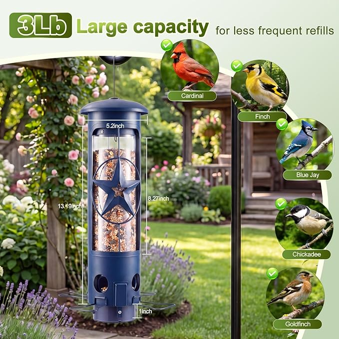 Squirrel Proof Bird Feeders for Outdoors with Weight-Activated, 3LB Large Metal Wild Bird Feeders for Cardinals,Blue Jay,Finch, Weatherproof Durable Tube Hanging Bird Feeder for Backyard,Garden,Patio