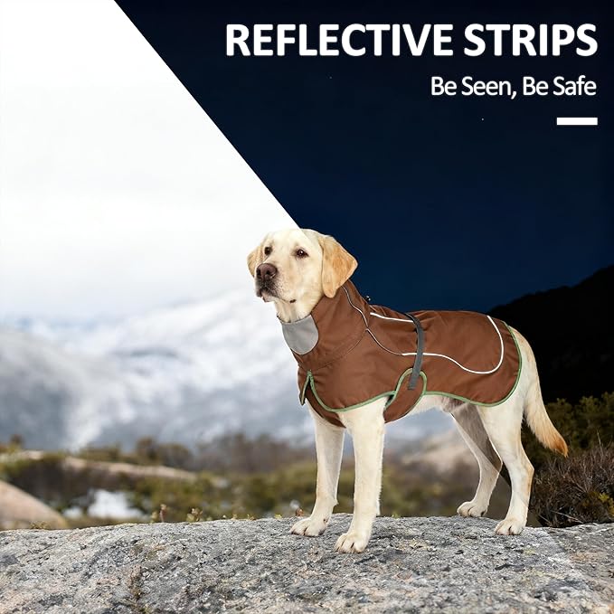Softshell Dog Winter Vest, Fleece Lined Water-Repellent Jacket with Fur-Safe Buckle (No Hook & Loop) for Hiking, Adjustable Reflective Winter Coat for Active Dogs (Brown, Large)