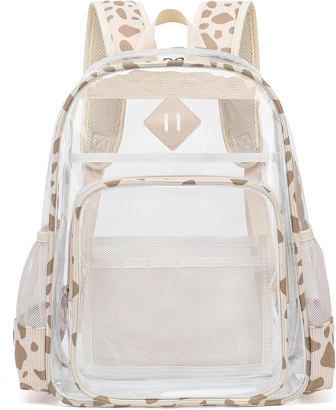 Clear Backpack for Girls Women School Bookbag Heavy Duty Transparent Backpacks (Corduroy Cow Print Khaki)