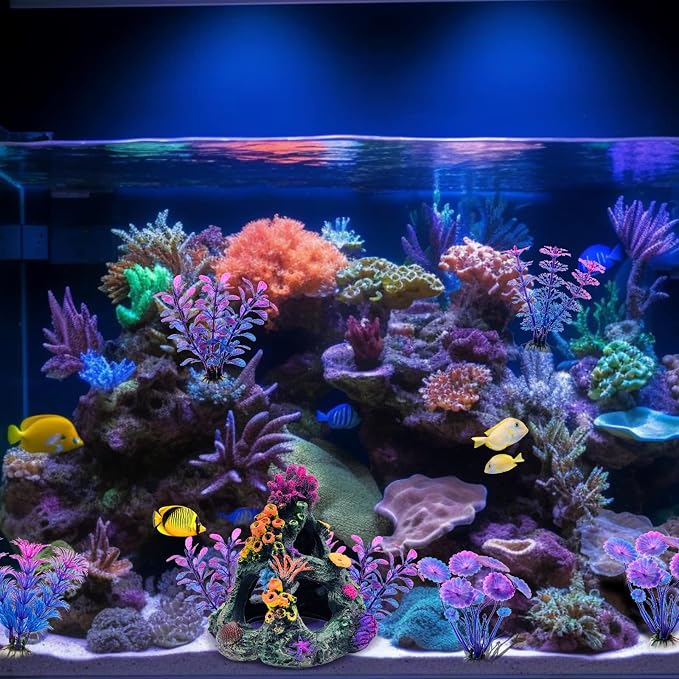 GSD Aquarium Colorful Coral Reef Set Fish Tank Decoration Mountain Ornament for Aquarium Environments Decor Accessories, Coral Mountain x 1, Aquatic Plant x 4 (Pack of 2)