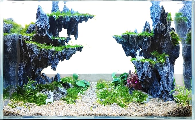 Allcolor Aquarium Rock Decor, Sky City Aquascape for 10+ Gallon Tanks | A tall fantasy cliffscape adds layered platforms and dramatic vertical depth to the aquarium.