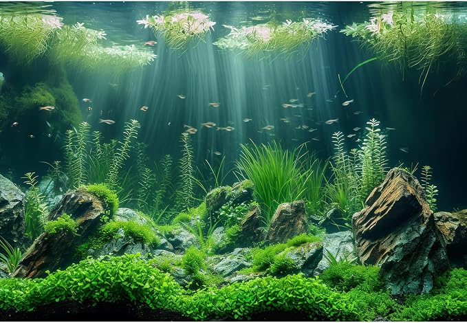 Underwater Aquarium Background Under The Sea Ocean Bed Stone Grass Leaves Fish Tank Background Vivid Fresh Aquatic Green Plants Rock with Moss Aquarium Fish Tank Backgrounds Decor Vinyl 72x18in