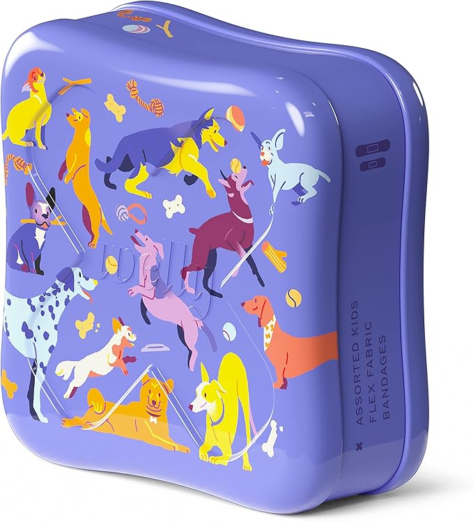 Welly Bandages | Adhesive Flexible Fabric Bravery Badges | Assorted Shapes for Minor Cuts, Scrapes, and Wounds | Colorful and Fun First Aid Tin | Dogs Patterns - 48 Count