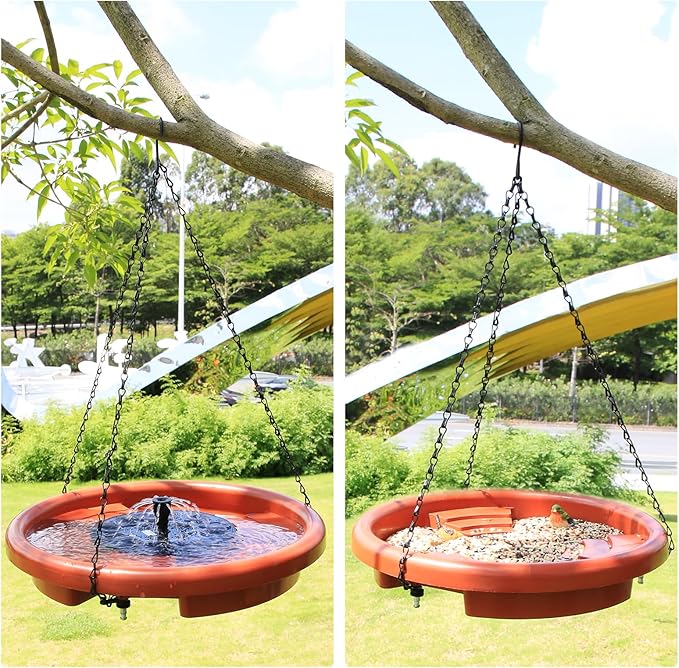 AISITIN 15" Hanging Bird Bath with Solar Fountain, Outdoor Hanging Bird Bath Bowl with 3-Tier Steps, Solar Powered Water Fountain for Bird Bath, Feeder, Drinking, Garden Patio Lawn Backyard