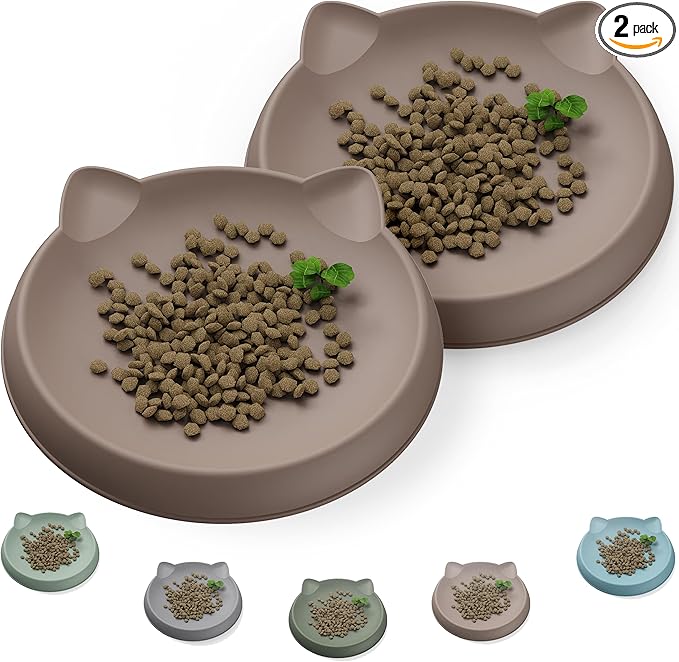 Cat Bowls for Indoor Gentle Small Kitten (2pcs, Soft Silicone) Shallow Wide Plates Feeder Whisker Fatigue Relief Cute Pet Kitty Food Water Dishes Set Anti Slip, Dishwasher Safe