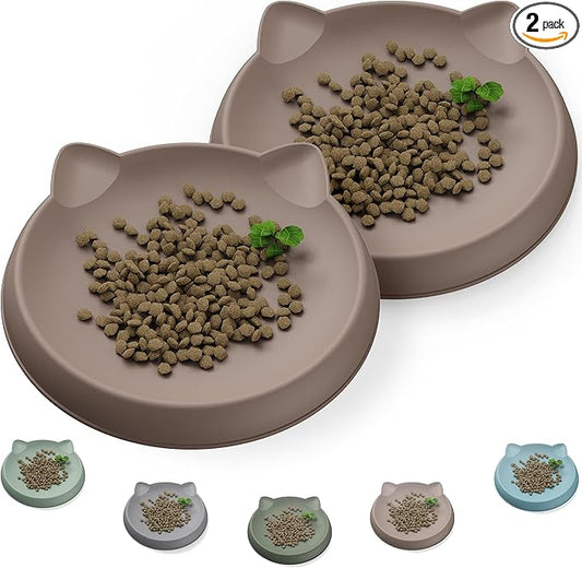 Cat Bowls for Indoor Gentle Small Kitten (2pcs, Soft Silicone) Shallow Wide Plates Feeder Whisker Fatigue Relief Cute Pet Kitty Food Water Dishes Set Anti Slip, Dishwasher Safe