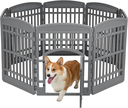 IRIS USA 34" Dog Playpen Tall Dog Playpen Indoor – 8-Panel Puppy Playpen with Door, 63 x 63 x 34, Extra Tall Dog Play Pen Indoors for Large Dogs, Plastic Pet Playpen, Indoor Dog Pen, Gray