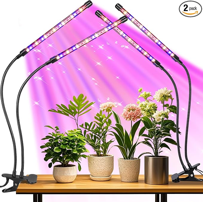 2 Head 2 Pack LED Plant Grow Light with Flexible Gooseneck, Suitable for Indoor Plants, Full Spectrum Clip on Plant Growing Light with Red, Blue, Yellow Beads, 10 Brightness Levels, 3/9/12H Auto Timer