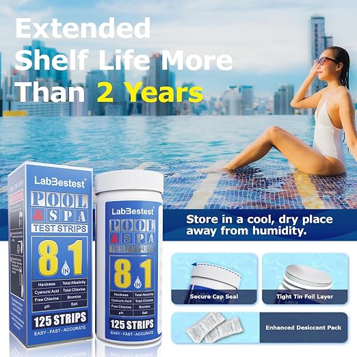 Salt Pool Test Strips Salt Water Pool Testing Kit (8-Way) | 125 Spa Hot Tub Test Strips Saltwater Pool Test Kit - Rapid Accurate Easy to Test Hardness, Bromine, pH, Salt and More
