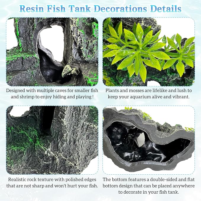 kathson Aquarium Mountain View Stone Resin Fish Tank Decoration Betta Hideout Caves Rockery Landscape Tree Rock Hiding Cave Decor for Small Fish Shrimp Play Ornament