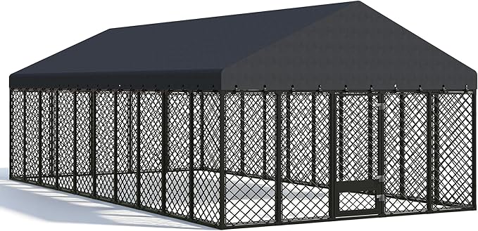 10x20×6.4 FT Heavy Duty Dog Kennel Outdoor with Secure Double Locks and Waterproof & UV Resistant Roof Cover,All Weather Resistant Anti-Rust Metal Enclosure for Large Dogs