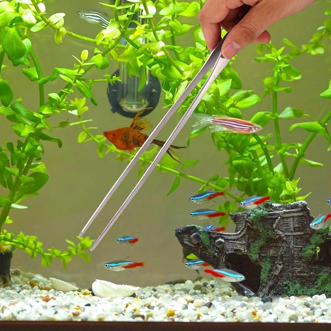 7 Pcs Aquarium Aquascape Tools Kit, Stainless Steel Aquatic Plant Aquascaping Set with Straight/Curved Long Tweezers Scissors Spatula Algae Scraper & 2 Replacement Heads Fish Tank Cleaning Kit