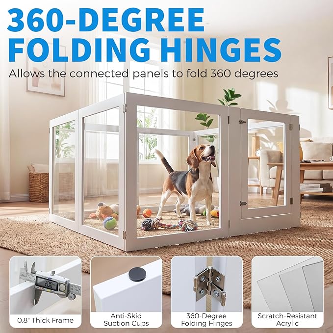 Heavy Duty Clear Acrylic Dog Playpen for Small/Medium Pets – 32" High Clear Pet Pen with Sturdy Metal Frame, Walk-in Kennel, Expandable Indoor & Outdoor Pet Play Yard (White, 8 Panels Including Door)