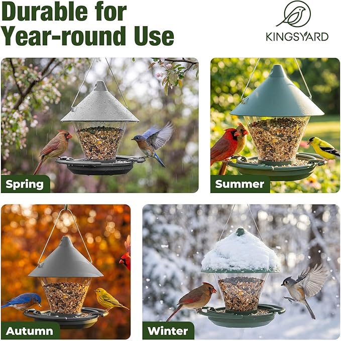 Kingsyard Wild Bird Feeder for Outdoors Hanging, No-Waste Tray with Seed Guard & Circular Perch, Garden Yard for Cardinal Finch, 4 lb Large Capacity, Grey