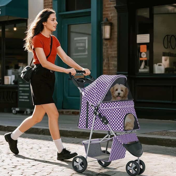 Pet Stroller for Small Dogs 10 lbs, Dog Stroller for Medium Dogs 30 lbs, Cat Strollers for 2 Cats, 3 Wheels Foldable Jogger Puppy Stroller with Storage Basket and Cup Holder, Purple Polka Dots