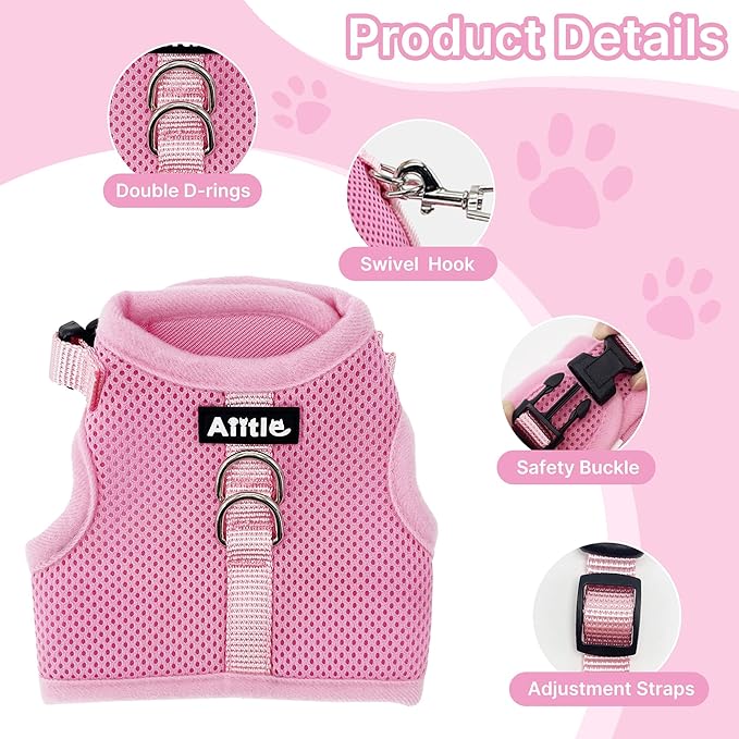 AIITLE Adjustable Rabbit and Leash Set - Lightweight & Portable, Padded Vest with Magic Tape Design, Indoor/Outdoor Use (Training, Hiking) - Fits Hamsters, Rats, Iguanas, Puppies, Cats, Pink M