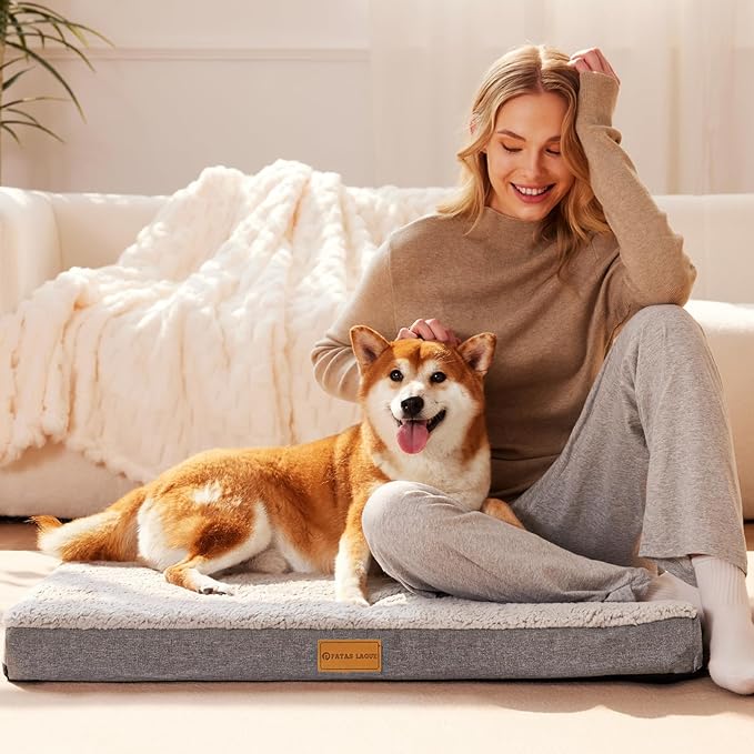 Patas Lague Orthopedic XL Dog Bed Large Sized Dog 42''X28'', Soft Waterproof Egg Crate Foam Large Pet Crate Beds Mat with Removable Washable Cover and Non-Slip Bottom, Ivory