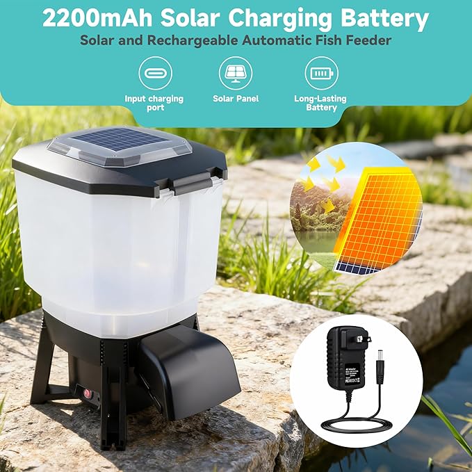 Solar Automatic Fish Feeder for Pond, Large Capacity 23L, Auto Outdoor Koi Fish Feeder, Programmable Auto Timer, Automatic Dispenser for Vacation, Big Tank, Battery & AC Electric Power