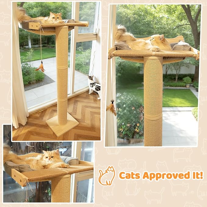 Cat Window Perch Hammock with 3-Piece Detachable Roman Column Sisal Scratching Posts, Gray Fluffy Cusion, Drill-Free Suction Cup Mount, Extra Large for Large Cats & Maine Coons, 60 LBS Capacity