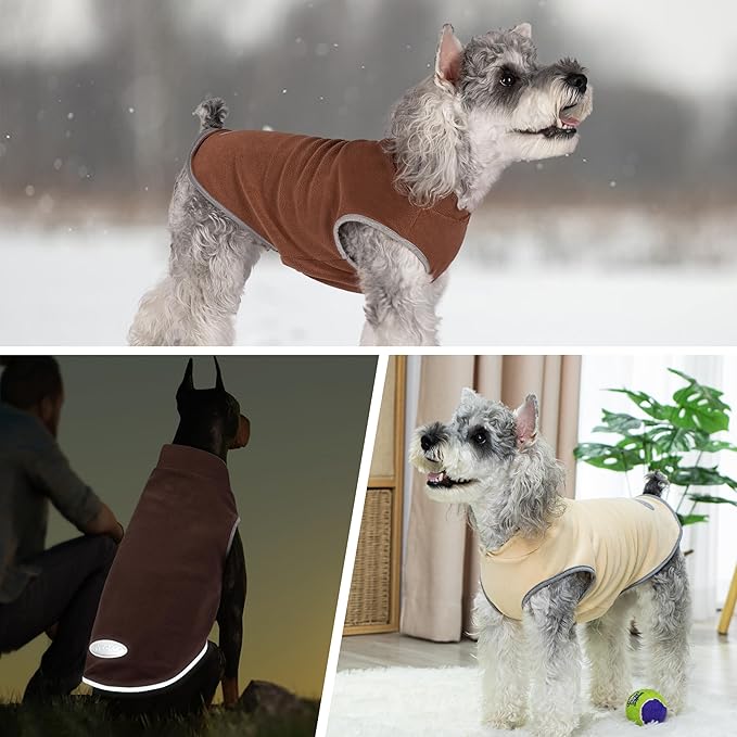 cyeollo Fleece Dog Sweater Vest, Reflective Dog Sweatshirt Pullover Doggie Jacket for Small Medium Large Doggie Clothes Boy Girl Pets, Brown & Khaki M