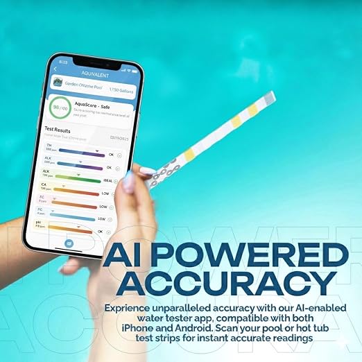 Advanced Pool Test Strips, Hot Tub Test Strips & Pool Water Testing Kit for Spas - 6-Way Chlorine & Ph Test Strips - Above Ground Pool Accessories - AI Mobile App Water Test Kit (Starter Kit)