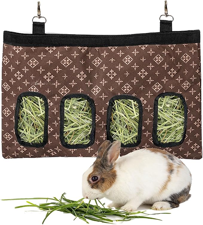 Rabbit Hanging Hay Feeder Bag Large Capacity Small Animal Hay Dispenser 600D Oxford Cloth Rabbit Hay Storage Bag for Bunnies Guinea Pigs Chinchillas (Brown)