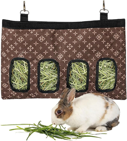 Rabbit Hanging Hay Feeder Bag Large Capacity Small Animal Hay Dispenser 600D Oxford Cloth Rabbit Hay Storage Bag for Bunnies Guinea Pigs Chinchillas (Brown)