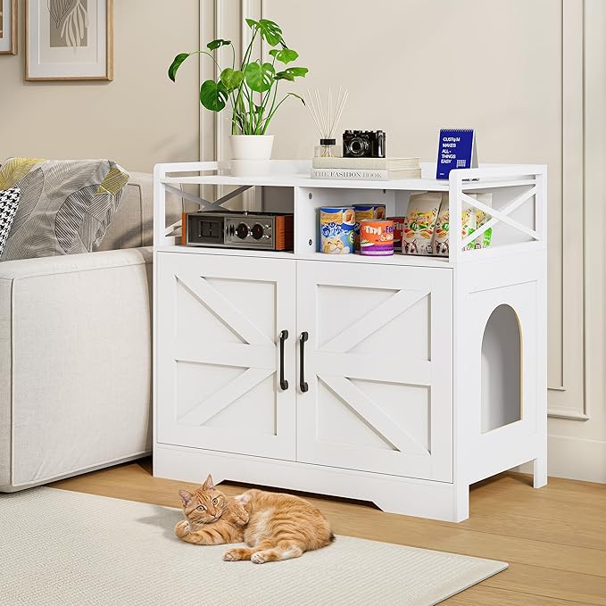 OtterOasis Cat Litter Box Enclosure, Ultra-Large Hidden Litter Box Furniture with Top Opening, Anti-Tipping Fence and 2 Open Drawers, Litter Box Cabinet End Table, White