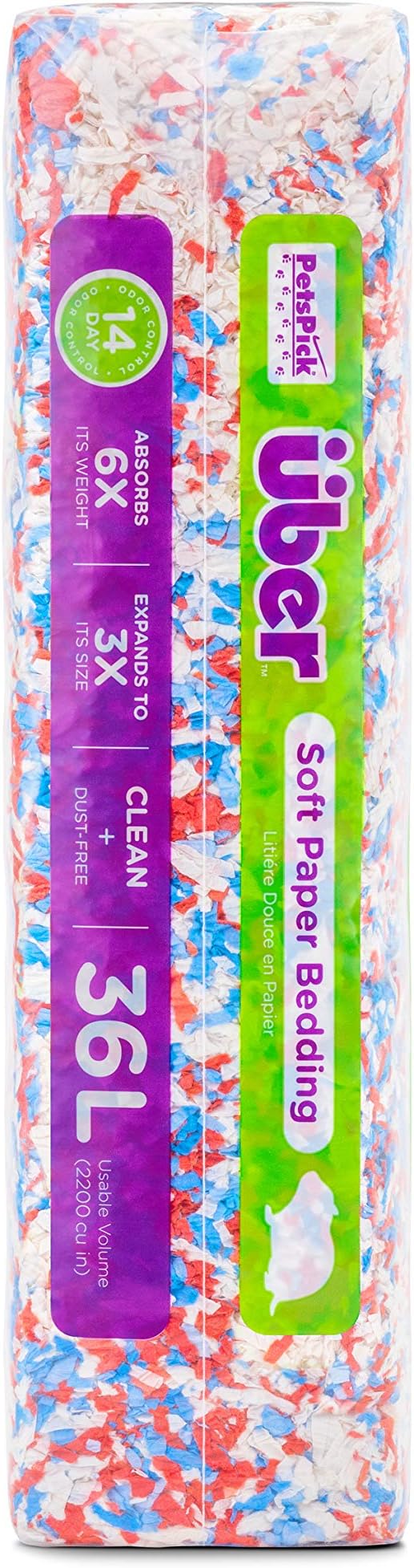 PETSPICK Uber Soft Paper Pet Bedding for Small Animals, Red White & Blue Confetti, 36L