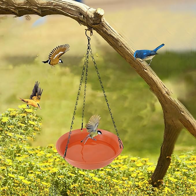 VUWEZ Hanging Bird Bath, Hanging Bird Water Feeder for Outdoors, Feeder Bowl, 1 Pack Birdbath Tray Accessories for Outside, Plastic Birdbaths Tray for Garden Patio Decoration (12", Terra Cotta)
