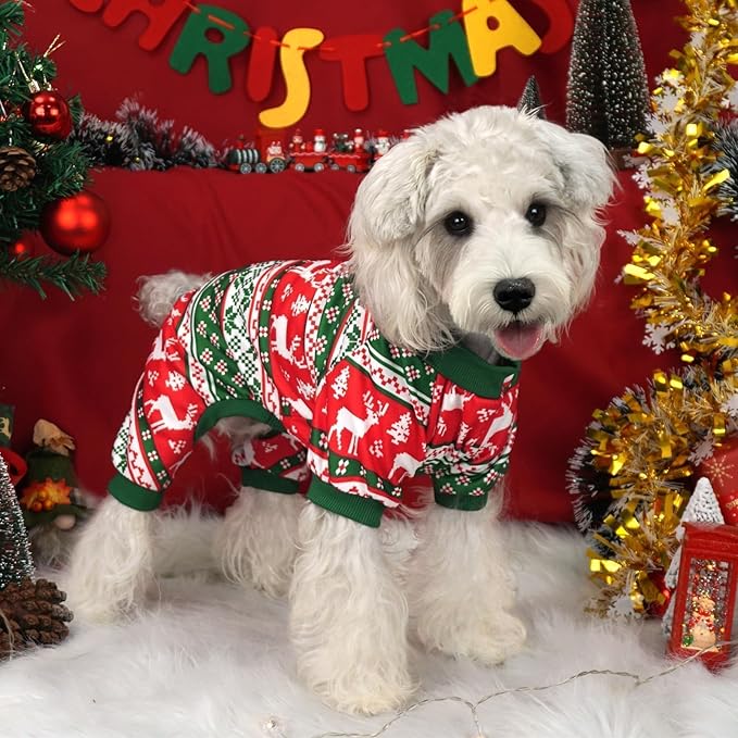Xpudac 4 Pack Dog Christmas Pajamas Reindeer Puppy Clothes Cute Santa Claus Dog Pajamas Costumes Outfit Red Green Small