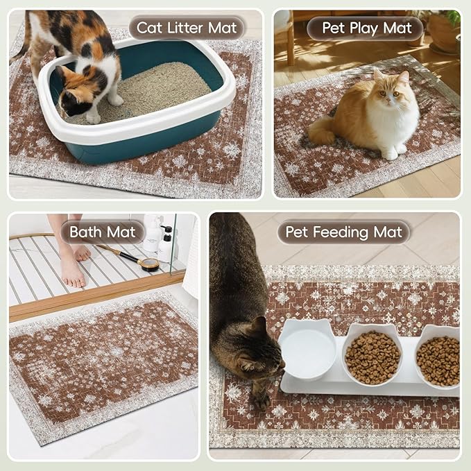 Cat Litter Mat Litter Trapping Mat, 33"x22" Waterproof Urine Proof Litter Box Mat Catcher Mat Non-Slip Washable for Kitty Kitten, Brown