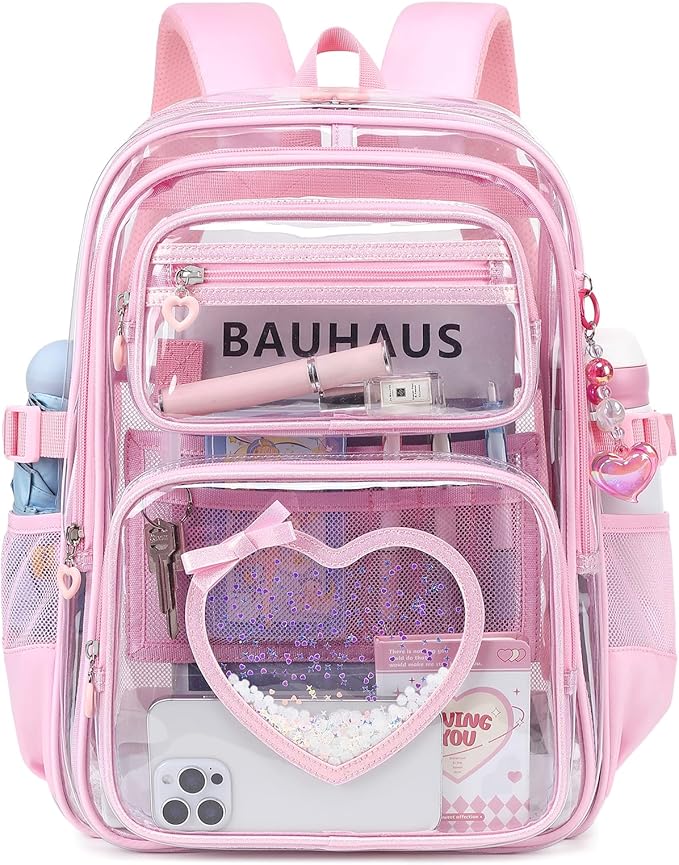 Clear Backpack for School Girls, Cute Heavy Duty PVC Transparent Bookbag, See-Through Bag for Stadium Event Pink